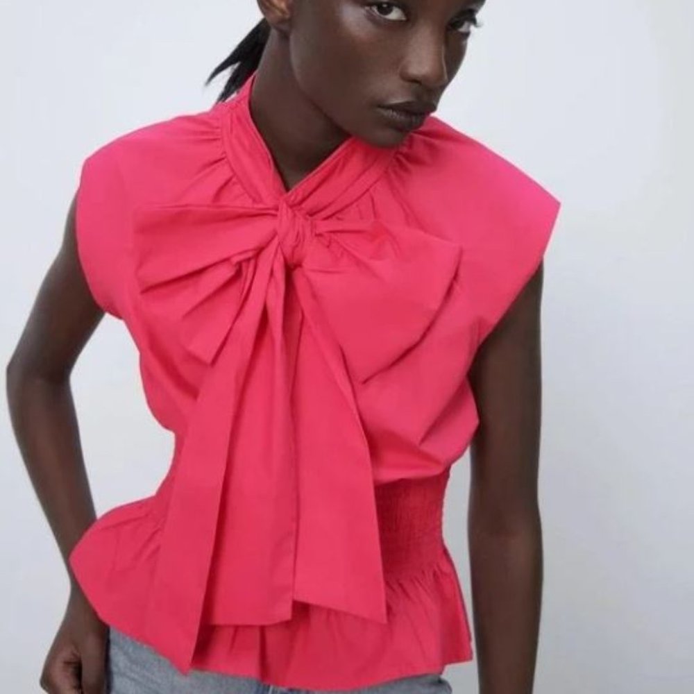 Zara Poplin Top With Bow Fuchsia SIZE MEDIUM